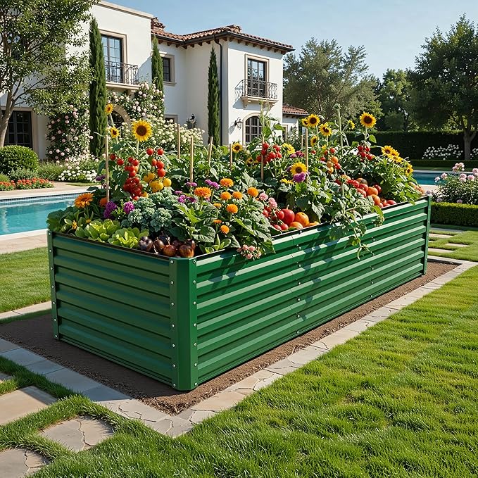 YITAHOME 4pcs 8x4x2 ft Galvanized Raised Garden Bed Kit, Large Metal Planter Box with Gloves, Safety Rubber & Support Rod, Outdoor Flower Bed for Plants Vegetables, Green