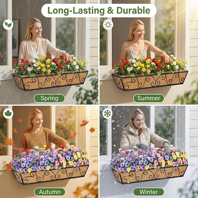 Y&M 30 Inch Butterfly Window Deck with Coco Liner, Fence Metal Hanging Flower Planter Window Basket Deck Railing Planter Boxes for Outdoor Garden Lawn 6pcs