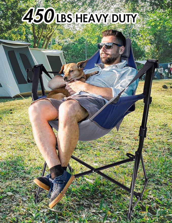 Hammock Camping Chair - 3 Heights Portable Hammock Chair Camping with Adjustable Backrest, Headrest, Padded Seat, Cup Holder - 450 LBS Heavy Duty