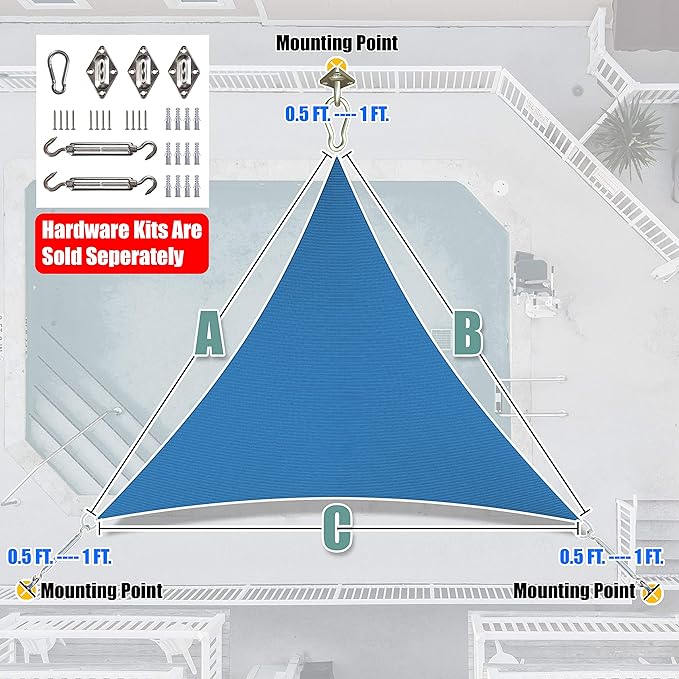 Amgo Custom Size 5' x 5' x 5' Blue Triangle Sun Shade Sail UPF50+ AGTAPRT12, Order to Make Canopy Awning, 95% UV Blockage, Water & Air Permeable, Commercial Standard (We Customize)