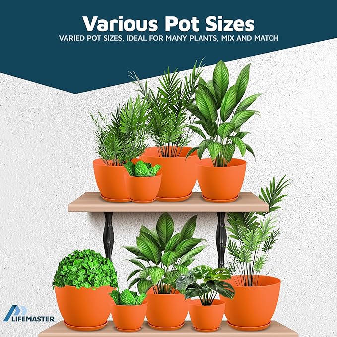 Yellow Plant Pots with Drainage Holes & Saucers 3 Pack, Indoor & Outdoor Stackable Space-Saving Planters for Houseplants & Flowers, (7", 6.7", and 6" Inches), Durable & Weatherproof Materials