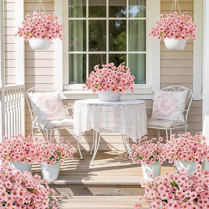 MACTING 24 Bundles Artificial Flowers for Outdoors Fake Flowers UV Resistant Faux Plastic Plants No Fade for Planters Window Box Patio Porch Garden Home Indoor Outdoor Spring Decorations,Pink