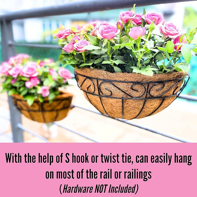 LaLaGreen 16 Inch Wall Hanging Planters - 2 Pack, Large Wall Mounted Flower Basket with Coco Liner, Black Metal Horse Trough Window Herb Pot Holder Outdoor Plants Fence Rail Railing Deck Porch Balcony