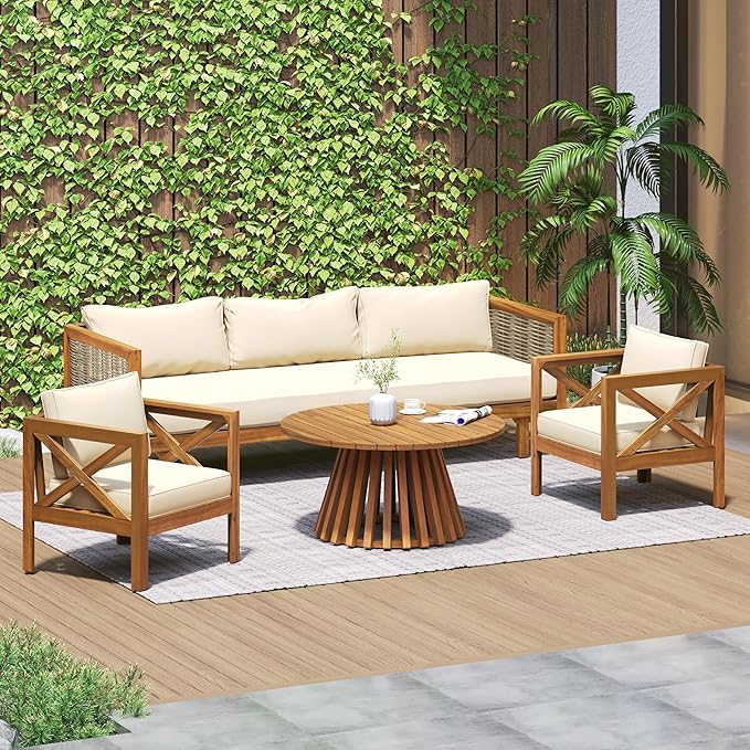 Merax Outdoor 4-Piece Acacia Wood Conversation Set - Patio 3-Seat Loveseat Sofa w/Coushion, 2 Armchair and Round Coffee Table for Backyard, Lawn, Balcony, Beige + Teak