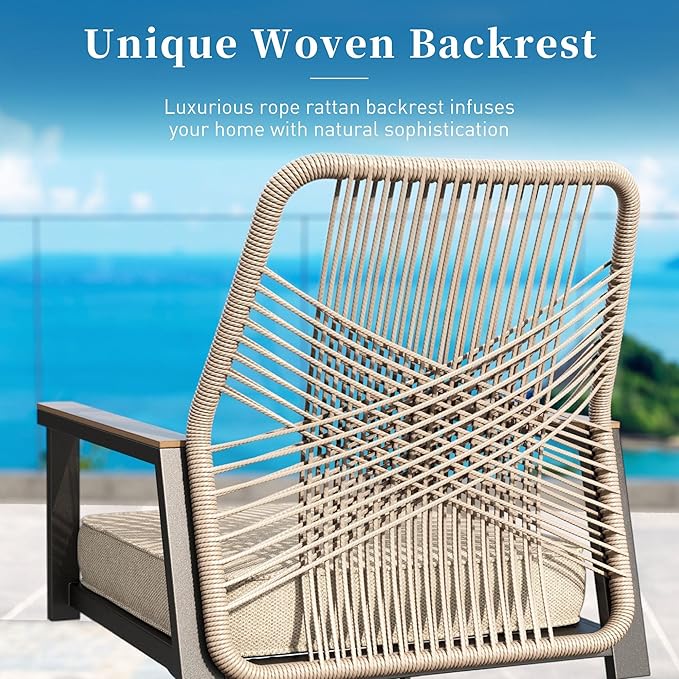 7 Pieces Patio Dining Set, 6 x Woven Rattan Chairs with Waterproof Cushion, 59" Rectangular Metal Dining Table with Umbrella Hole, Outdoor Table and Chairs Set for Backyard Lawn and Deck, Beige