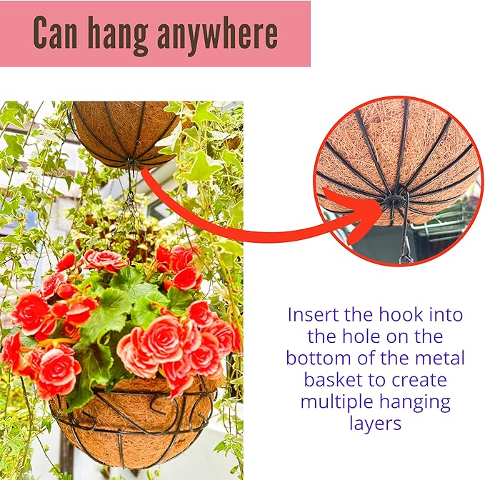 LaLaGreen Hanging Planter for Outdoor Plants (10 Inch, 2 Pack) Hanging Baskets with Coco Liner, Black Metal Wire Flower Basket Pots with Hook Hanger Balcony Porch Farmhouse Country Style Garden Decor