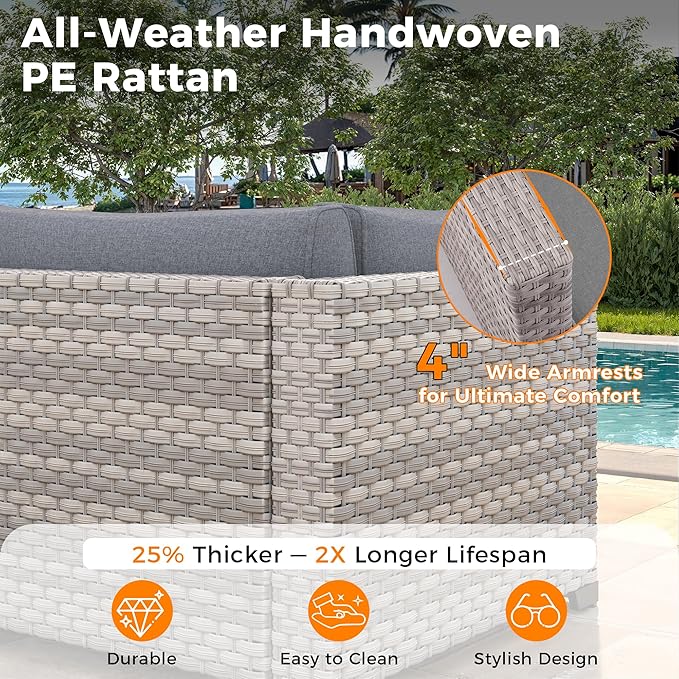 14-Seat Outdoor Wicker Patio Furniture Set with Fire Pit Table, Modular Rattan Sectional Sofa & 2 Swivel Rocking Chairs, 4" Thick Cushions, Rust-Resistant Frame,Gray