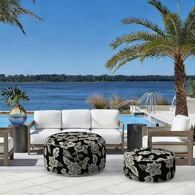 LVTXIII Indoor/Outdoor Extra Large Inflatable Ottoman Pouf D31 x H14 Inch, Round Footstool with Handle, Weather-Resistant Portable Furniture for Patio, Camping, Beach, Elegant Vines Black