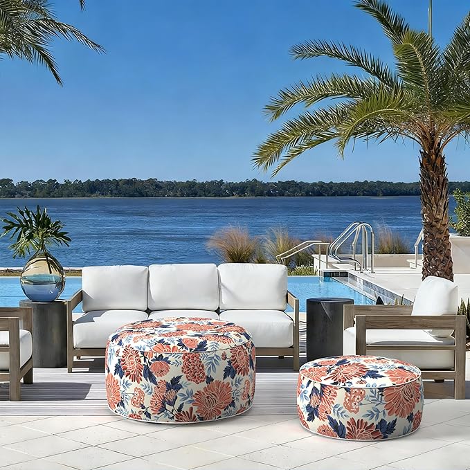 LVTXIII Indoor/Outdoor Inflatable Ottoman with Handle D21 x H9 Inch, Weather-Resistant Round Footstool Pouf for Patio Camping Living Room, Portable Footrest Extra Seating, Vibrant Blossom
