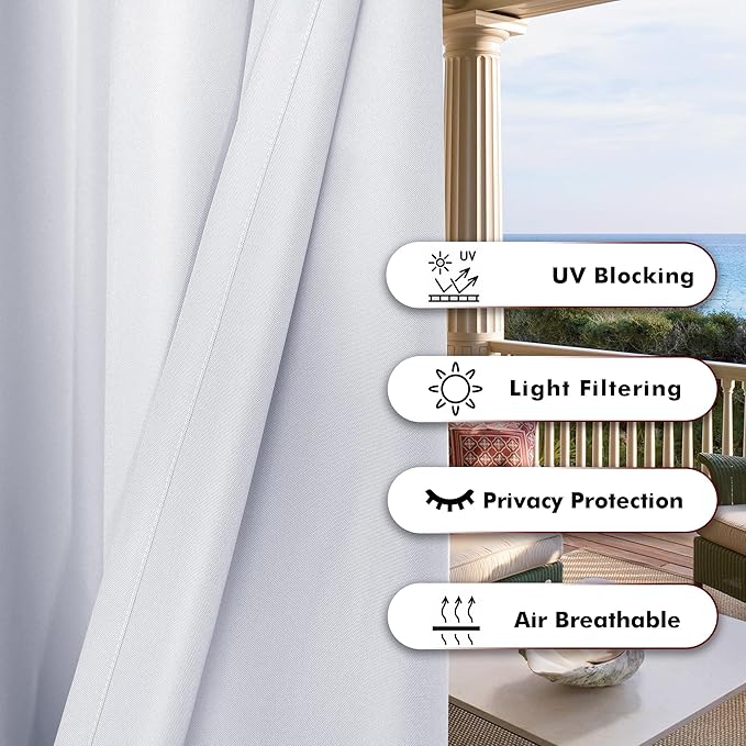 BONZER Wide Waterproof Outdoor Curtains for Patio Heavy Privacy Light Filtering Grommet Outside Curtains for Porch, Pergola, Gazebo, 1 Panel, 110W x 84L inch, White