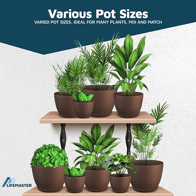 Brown Plant Pots with Drainage Holes & Saucers 15 Pack, Indoor & Outdoor Stackable Space-Saving Planters for Houseplants & Flowers, (7", 6.7", 6", 5.3", and 4.8" Inches), Durable & Weatherproof