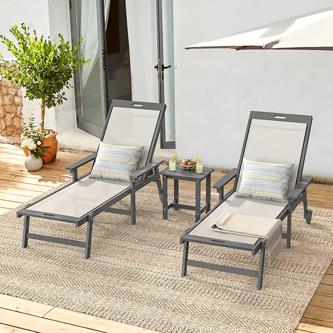 LUE BONA Chaise Lounge Chair Outdoor Set of 4, HDPS and HDPE Wicker Chaise Lounger with 5 Positions, Pool Lounge Chairs with Wheels and Adjustable Backrest for Patio, Poolside, Deck, Backyard