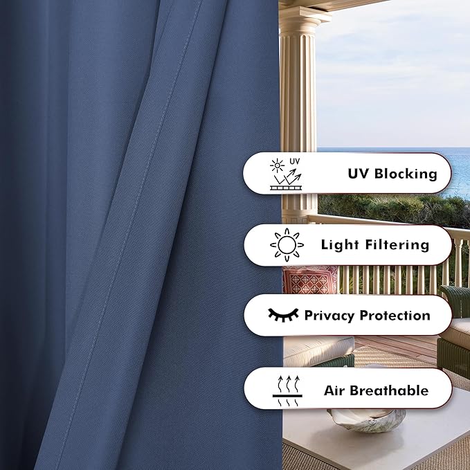 BONZER Outdoor Curtains for Patio Water Resistant Heavy Privacy Light Filtering Grommet Outside Curtains for Porch, Pergola, Gazebo, 1 Panel, 54W x 108L inch, Navy