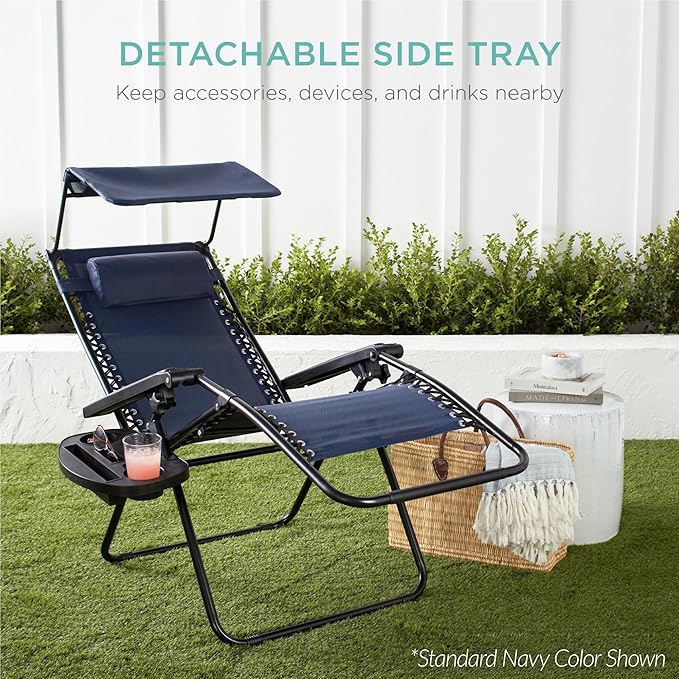 Best Choice Products 30” Wide Folding Zero Gravity Outdoor Recliner Patio Lounge Chair w/Adjustable Canopy Shade, Headrest, Side Accessory Tray - Black