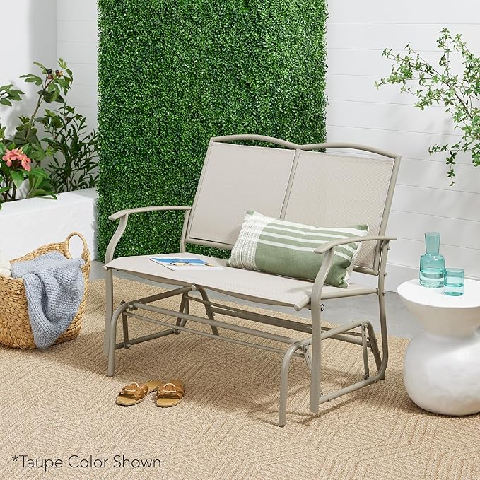 Best Choice Products 2-Person Outdoor Patio Swing Glider Steel Bench Loveseat Rocker for Deck, Porch w/Textilene Fabric, Steel Frame - Ivory/Gray