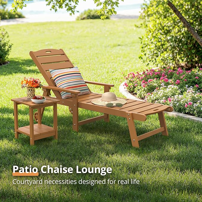 LUE BONA Outdoor Chaise Lounge Chairs Set of 4, HDPS Chaise Lounger, 5 Positions Adjustable Lounge Chairs, Pool Lounge Chair with Wheels for Poolside, 3 Year Warranty, Teak Color