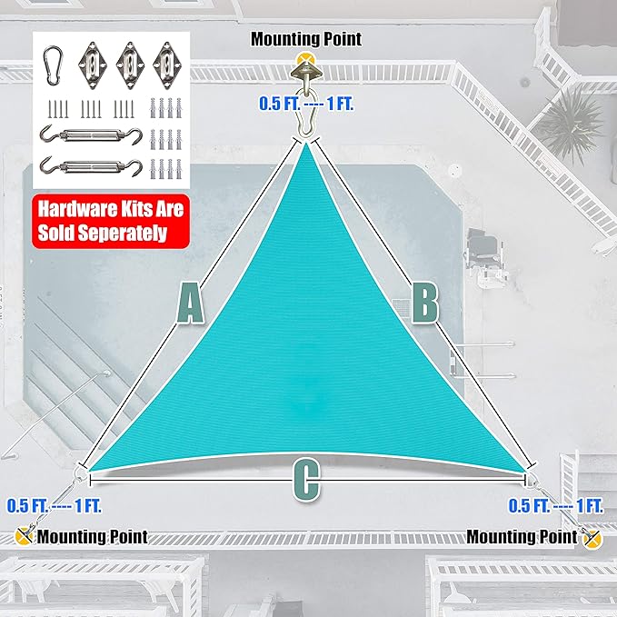 Amgo Custom Size 27' x 27' x 27' Turquoise Triangle Sun Shade Sail UPF50+ AGTAPRT12, Order to Make Canopy Awning, 95% UV Blockage, Water & Air Permeable, Commercial Standard (We Customize)