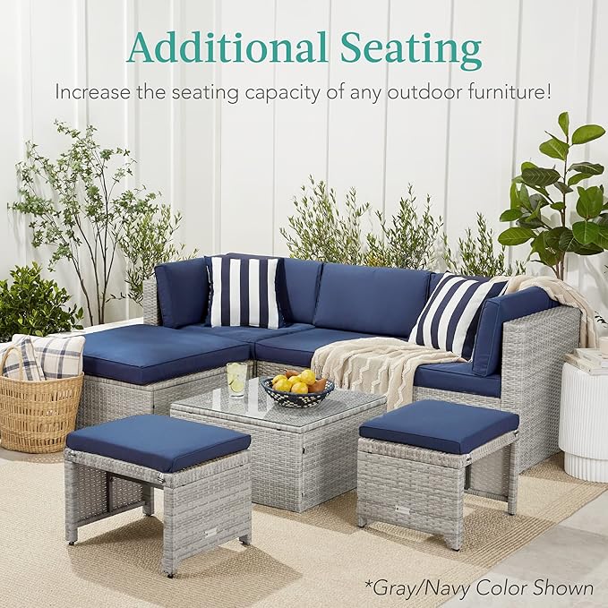 Best Choice Products Set of 2 Wicker Ottomans, Multipurpose Outdoor Furniture for Patio, Backyard, Additional Seating, Footrest, Side Table w/Removable Cushions, Steel Frame - Gray/Black