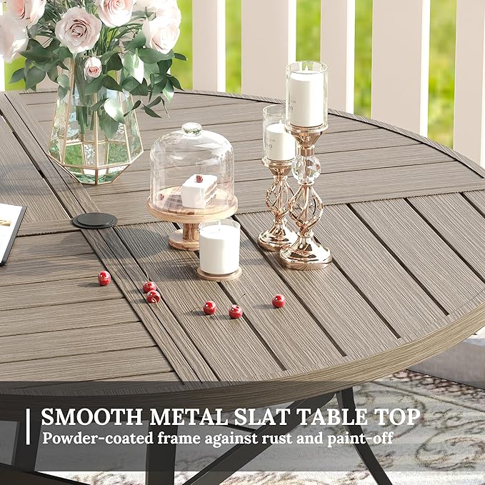 VICLLAX Round Patio Table with Adjustable Umbrella Hole for 6, All Weather Metal Outdoor Dining Table for Lawn Garden, 47.2" Outdoor Coffee Table, Grey Wood-Like Tabletop