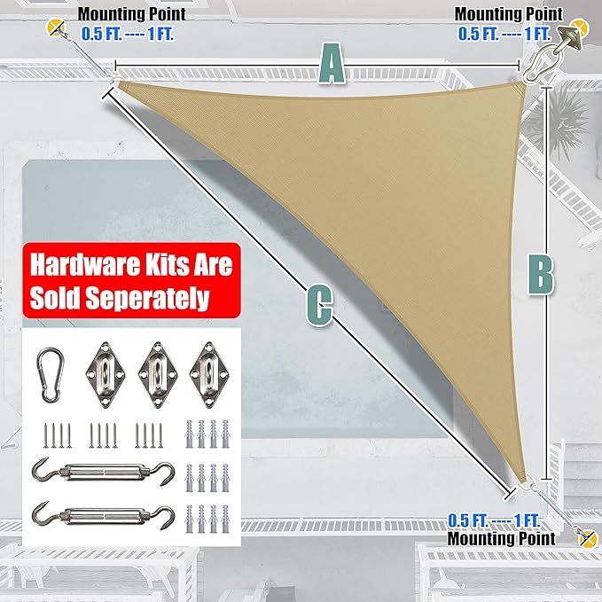 Amgo Custom Size 8' x 14' x 16.1' Sand Beige Right Triangle Sun Shade Sail Order to Make Canopy Awning UPF50+ AGSLT, 95% UV Blockage, Water & Air Permeable, 200GSM Commercial Standard (We Customize)