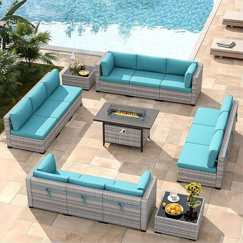 12-Seat Modern Outdoor Wicker Rattan Patio Furniture Set with 55,000 BTU Fire Pit Table, Thick 4″ Cushions, All-Weather Dual-Strand Rattan, Rust-Resistant Steel Frame,Blue