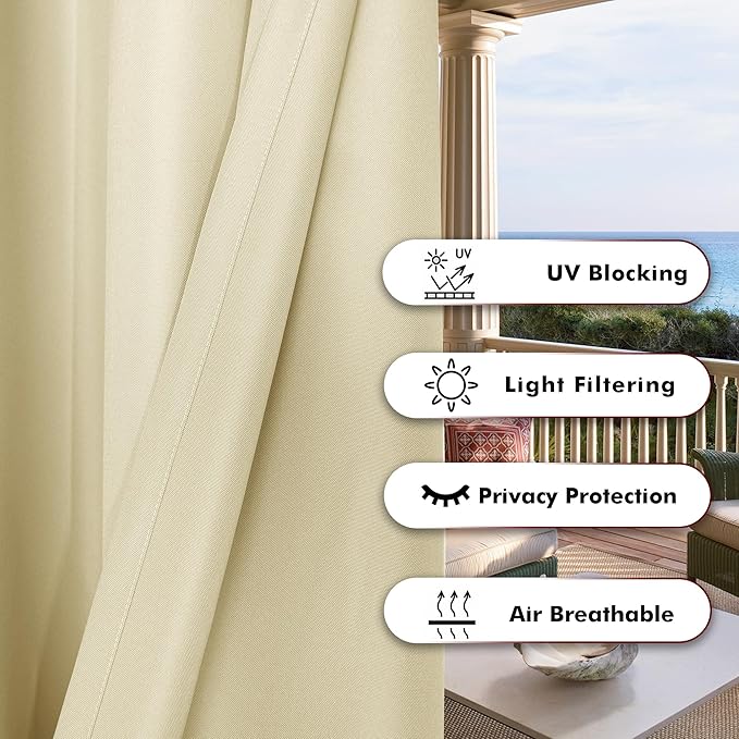 BONZER Outdoor Waterproof Curtains for Patio Privacy Grommet Light Filtering Outside Curtains for Gazebo, Porch, Pergola, Pavilion, 1 Panel, 54W x 108L inch, Cream