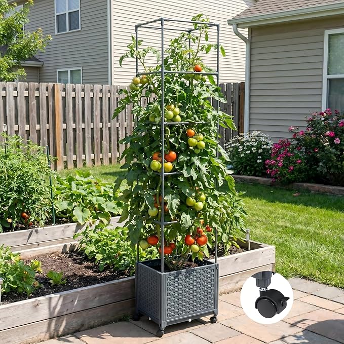 Raised Garden Bed with Tomato Planter Cage, 67.6" Trellis Planter Boxes with Wheels for Outdoor Patio Greenhouse Gardening Climbing Vegetables