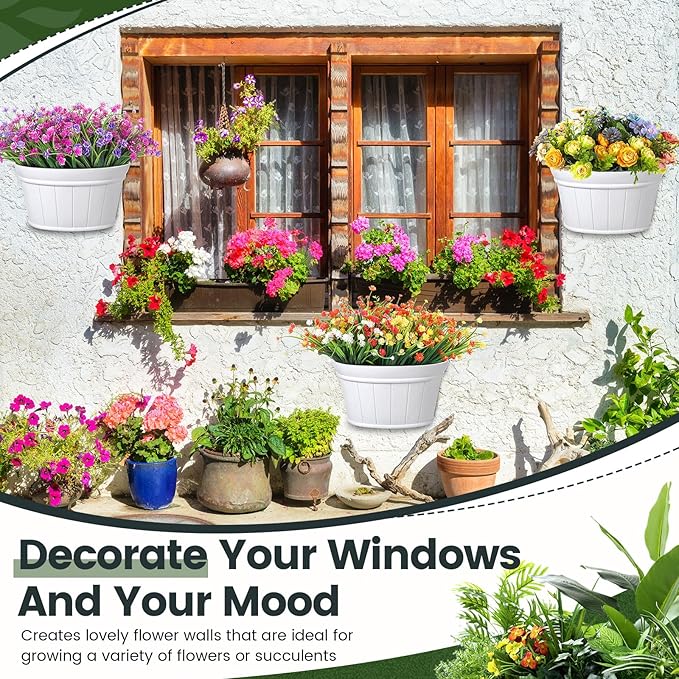 Layhit 6 Pcs Wall Hanging Planters Outdoor Pot Planter Wine Barrel Planter Distressed Oak Thickened Plastic Water Storage Flower Pots for Flower Indoor Outdoor(10 Inches,White)