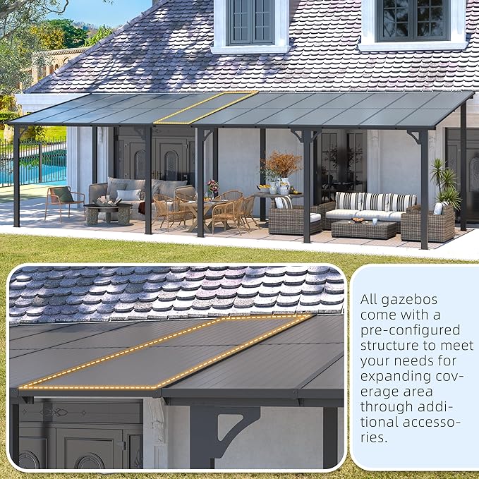 AECOJOY 12' x 8' Gazebo Outdoor Pergola for Patio, 8'x12' Hard Top Lean to Pergolas and Gazebos Clearance with Patio Roof Shelter, Large Wall-Mounted Heavy Duty Awnings for Decks, Backyard