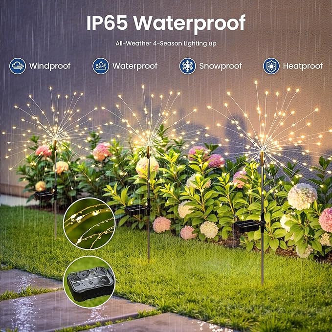 Solar Lights Outdoor, 120LED 2pack Fairy Garden Lights Decor for Outside Fireworks Lights Solar Powered for Yard, Patio, Pathway, Walkway, Balcony, Warm White