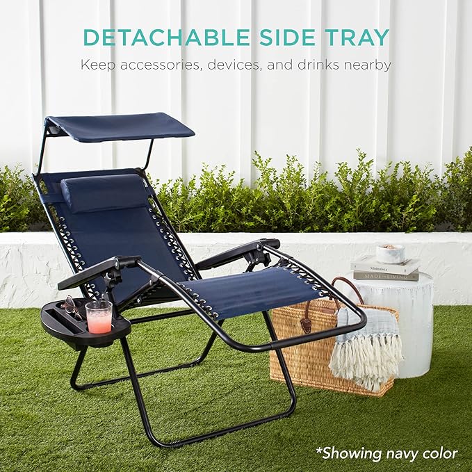 Best Choice Products Folding Zero Gravity Outdoor Recliner Patio Lounge Chair w/Adjustable Canopy Shade, Headrest, Side Accessory Tray, Textilene Mesh - Stardew
