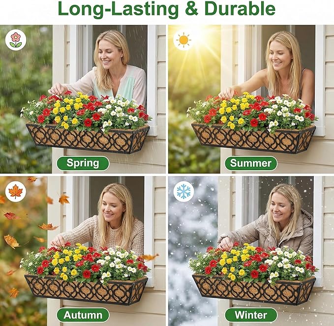Y&M Flower Boxes for Deck Railings 24inch 4packs, Deck Railing Planter Boxes with Coir Liner Outdoor Railing Window Boxes Planters Hanging Planter Flower Box