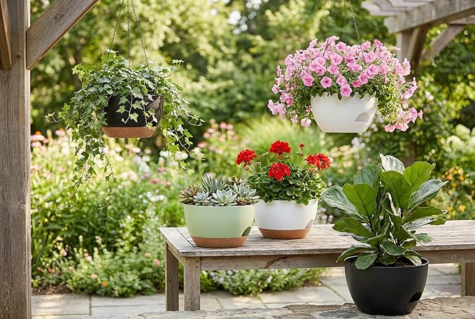 Hanging Planters 3-Pack, 8 Inch Self-Watering Hanging Pots with Drainage Hole and Chains, Plastic Planters for Indoor Outdoor（Black）