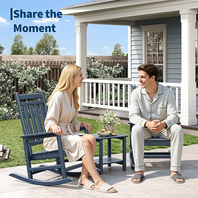 HDPE Rocking Chair Outdoor- Poly High Back Porch Rocker Chairs for Adults - All Weather Resistant Furniture for Patio Front Porch - Navy Blue