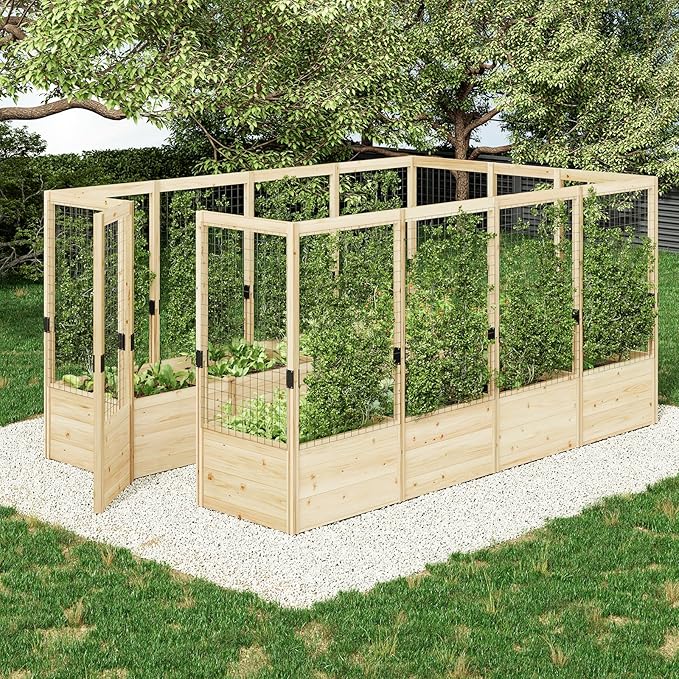 AMERLIFE Raised Garden Bed with Deer Proof Fence, 7.5Wx12Dx6H Outdoor Wooden Raised Garden Bed Planter with 19" Depth Planter Box
