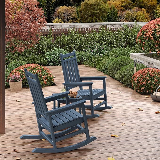 HDPE Rocking Chair Outdoor Set of 6 - Poly High Back Porch Rocker Chairs for Adults - All Weather Resistant Furniture for Patio Front Porch - Navy Blue