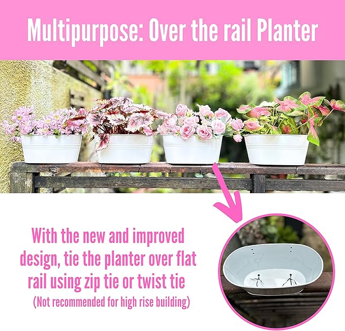 LaLaGreen Outdoor Rail Planter (2 Pack, 11.8 Inch) Metal Iron Hanging Flower Pot Deck Railings White Fence Bucket Modern Countryside Boho Style Wall Mount Window Box Plant Holder Hooks Porch Decor
