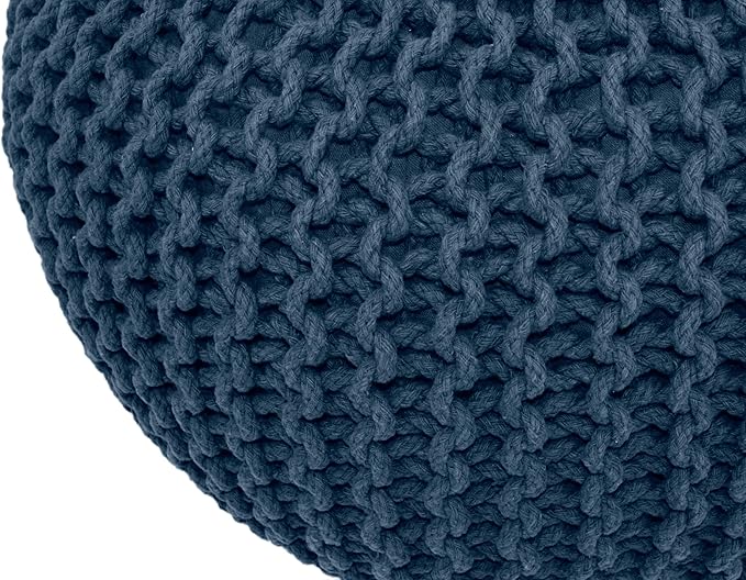 COTTON CRAFT - Hand Knitted Cable Style Dori Pouf - Blue - Floor Ottoman - Cotton Braid Cord - Handmade & Hand Stitched - Truly one of a Kind Seating - 20 Dia x 14 High