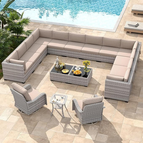 14-Seat Modern Patio Furniture Set with Swivel Rocking Chairs, Thick 4″ Cushions, Dual-Strand Wicker Rattan, Rust-Resistant Steel Frame – Outdoor Conversation & Modular Sectional,Beige