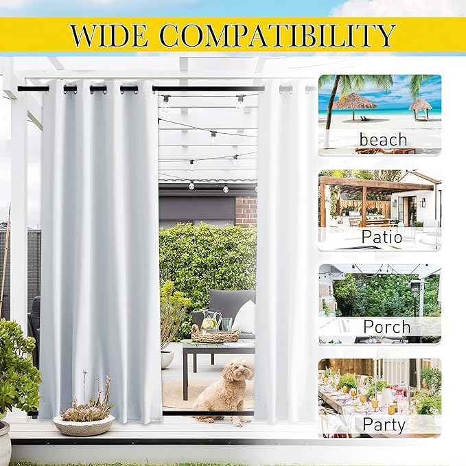 NICETOWN 2 Panels Outdoor Curtains with Grommet & Back Tab on top and Bottom for Patio Waterproof, Windproof Privacy Cold & Heat Blocking for Cabana/Gazebo with Fixed Rope, W46 x L80, Greyish White