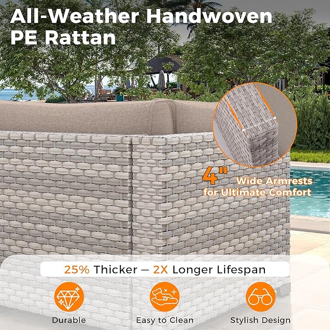 12-Seat Modular Patio Furniture Set – Outdoor Wicker Sectional Sofa with Thick 4″ Cushions, Dual-Strand PE Rattan, Rust-Resistant 18 mm Steel Frame, Backyard Garden Deck Lounge,Beige