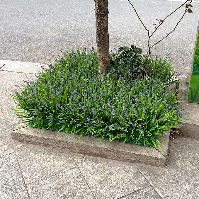 alyptus 12 Bundles Artificial Plants Outdoor Fake Monkey Grass with Flowers for Pot UV Resistant Plant Decor for Window Garden Patio Hanging Planter Pathway Front Porch (Grass with Flowers)