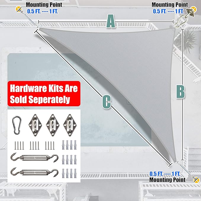 Amgo Custom Size 19' x 24' x 30.6' Grey Right Triangle Sun Shade Sail Order to Make Canopy Awning UPF50+ AGSLT, 95% UV Blockage, Water & Air Permeable, 200GSM Commercial Standard (We Customize)