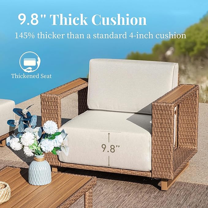 5 Pieces Patio Furniture Set,Outdoor Rattan Wicker Conversation Set with 10''Ultra-Thick Cushions,All Weather Patio Conversation Set for Lawn Garden Backyard,Beige