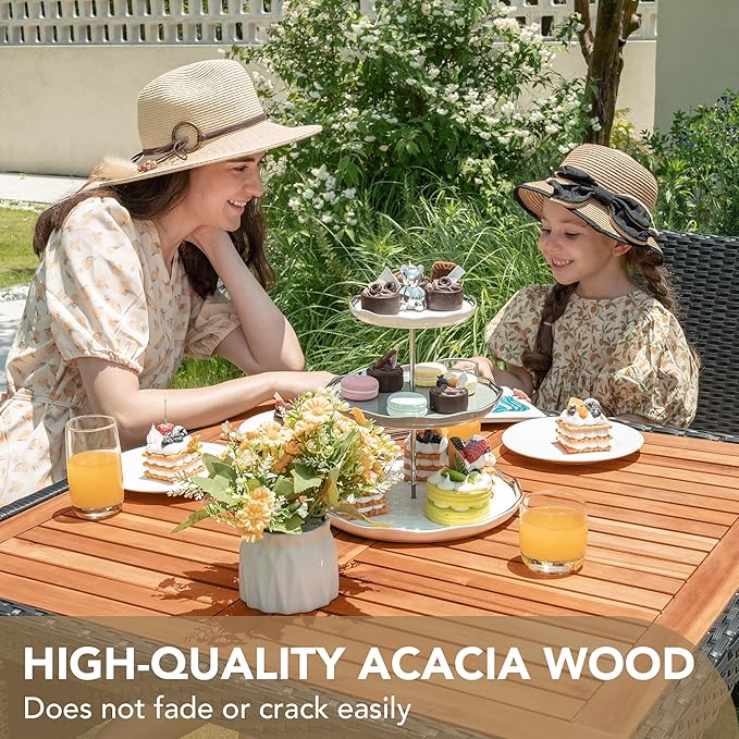 Devoko 5 PCS Furniture, Patio Conversation Set with Acacia Wood Top, Rattan Outdoor Dining Table and Chairs for Backyard, Garden, Deck, Black