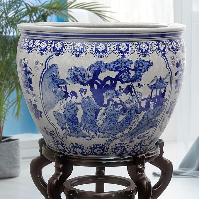 18" Ladies Blue & White Porcelain Fishbowl
