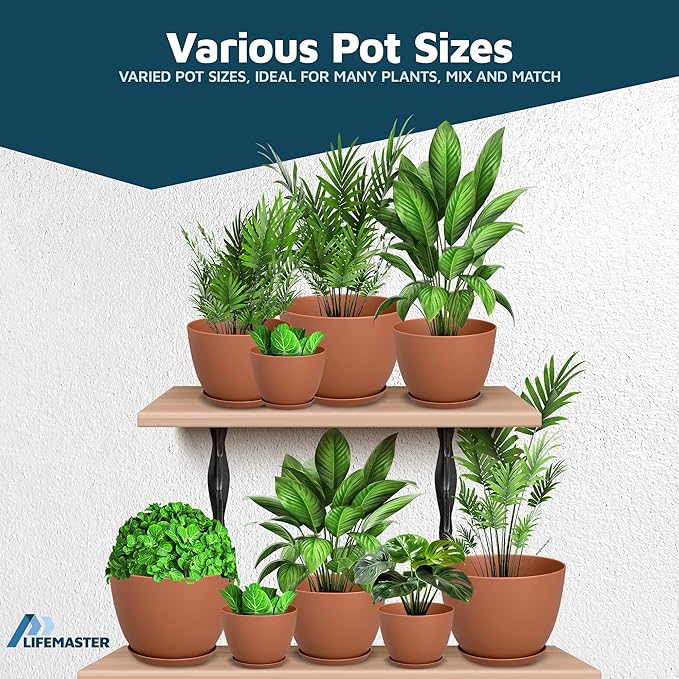 Terracotta Plant Pots with Drainage Holes & Saucers 15 Pack, Indoor & Outdoor Stackable Space-Saving Planters for Houseplants & Flowers, (7", 6.7", 6", 5.3", and 4.8" Inches), Durable & Weatherproof