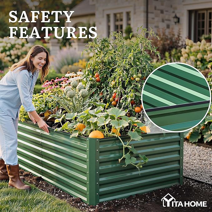 YITAHOME 6pcs 8x4x2 ft Galvanized Raised Garden Bed Kit, Large Metal Planter Box with Gloves, Safety Rubber & Support Rod, Outdoor Flower Bed for Plants Vegetables, Green