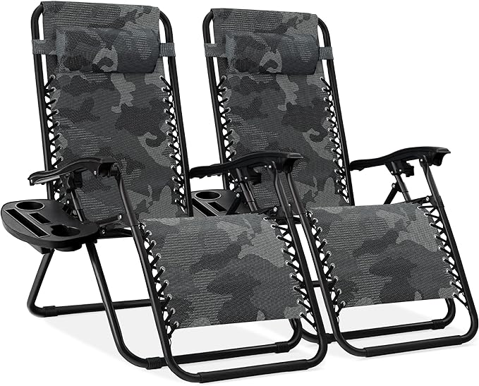 Best Choice Products Set of 2 Adjustable Steel Mesh Zero Gravity Lounge Chair Recliners w/Pillows and Cup Holder Trays - Camoflage