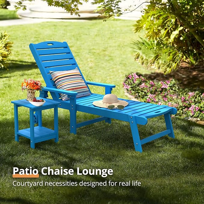 LUE BONA Outdoor Chaise Lounge Chairs Set of 2, 79'' Oversized HDPS Chaise Lounger, 5 Positions Adjustable Lounge Chairs, Pool Lounge Chair with Wheels for Poolside,3 Year Warranty, Blue